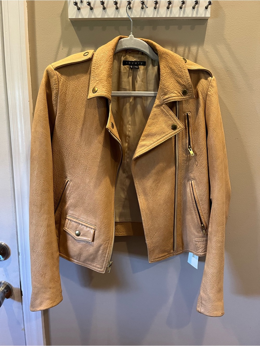 Theory Camel Leather Moto Jacket with Asymmetrical Zip